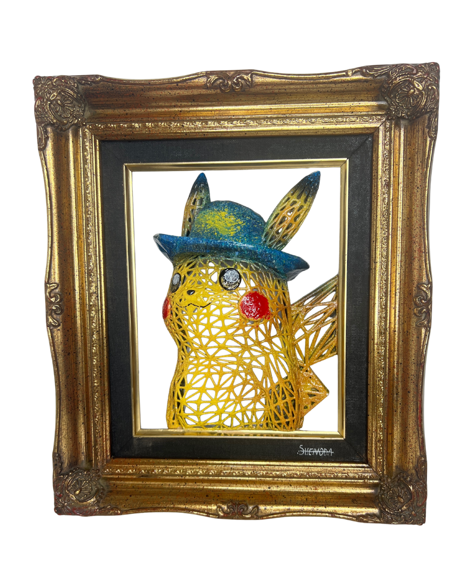PIKACHU VAN GOGH - Oeuvre unique murale - Shenoda PIKACHU VAN GOGH - Oeuvre unique murale - Shenoda, sculpture en résine sur cadre inspirée de la carte Pikachu Van gogh